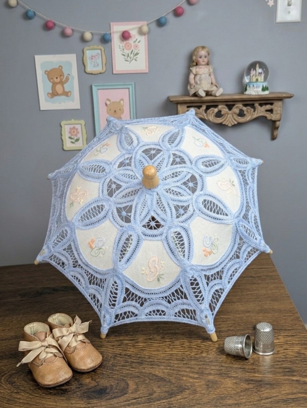 Blue Battenburg Lace Mini Parasol Flower Girl Doll Prop